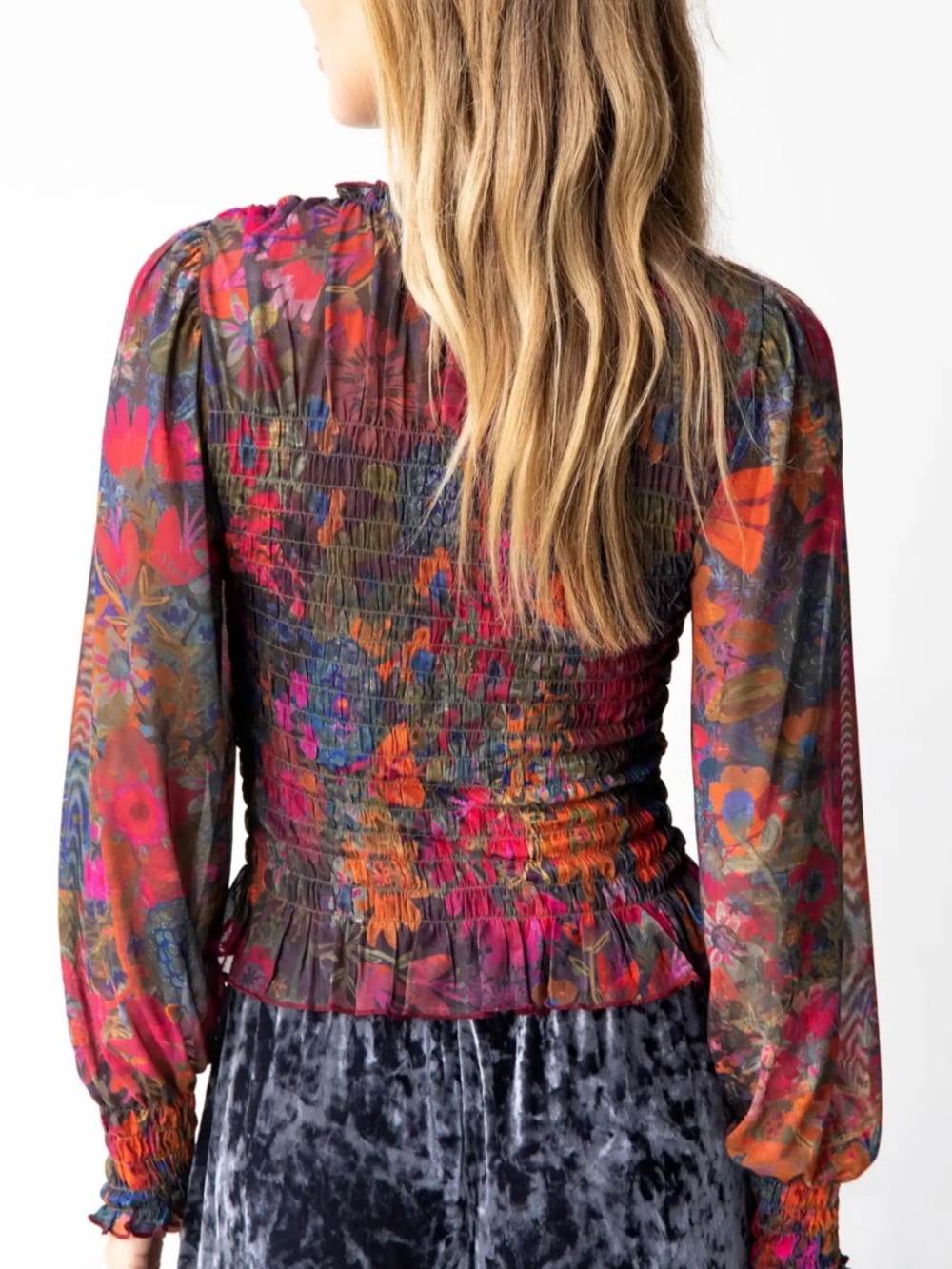 NATURAL LIFE Smocked Floral Top in Pink, Orange, Blue and Green - Picture 4 of 10